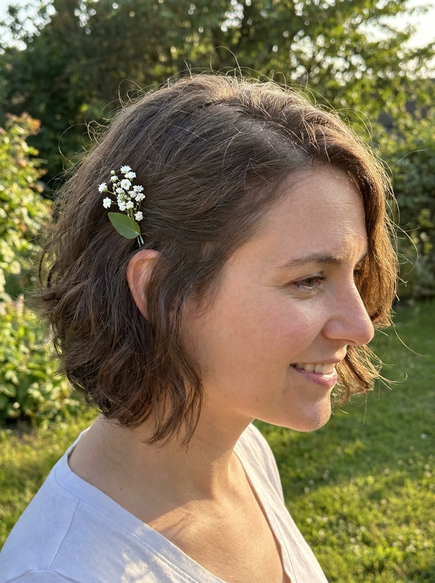 Bob mit dezenter Blütenspange - Brautfrisuren kurze Haare